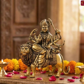 Brass Finish Maa Durga Idol Sitting on Lion – Decorative Religious Statue