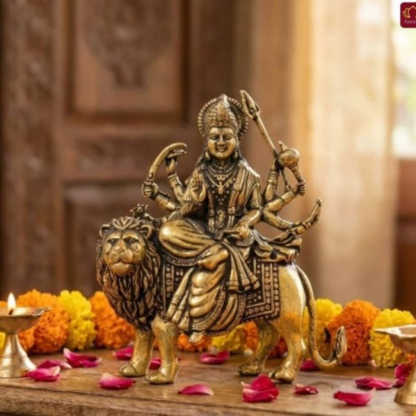 Brass Finish Maa Durga Idol Sitting on Lion – Decorative Religious Statue