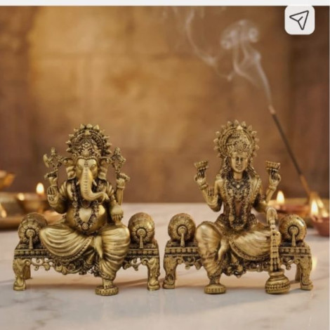 Pure Brass Lakshmi Ganesh Idol Pair on Royal Seat for Home Temple & Decor