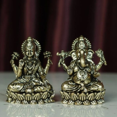 Mini Brass Lakshmi Ganesh Idol Pair for Home Temple & Spiritual Decor